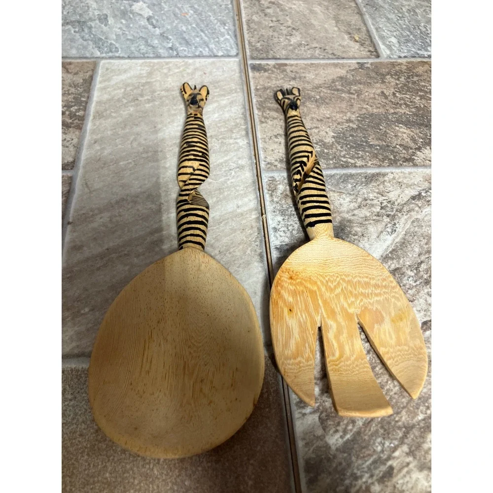 Hand Carved Wooden Zebra Salad Servers Spiral Handle Safari Decor 2pc Set 11.5in